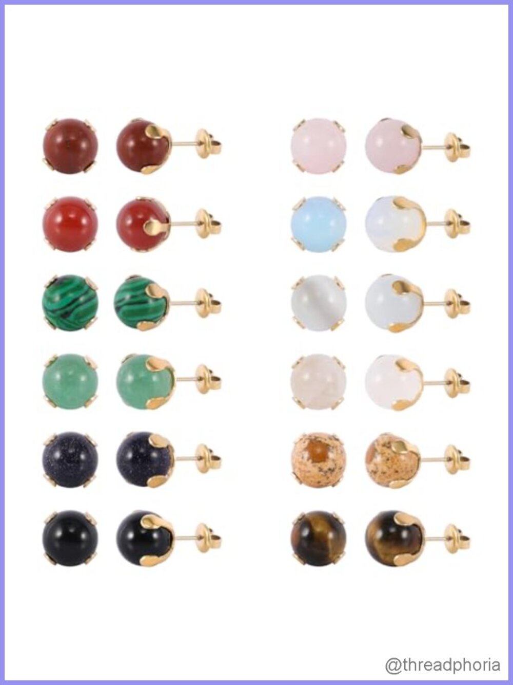12 Pairs Gemstone Ball Stud Earrings Stainless Steel Set Multi Stone